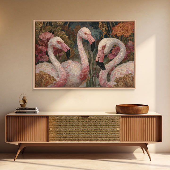 Pink Flamingos Among Tropical Water Plants Canvas Print, Tropical Art, Beach Wall Art, Living Room Decor, Fine Art, Tropic, TRO-3x2-54