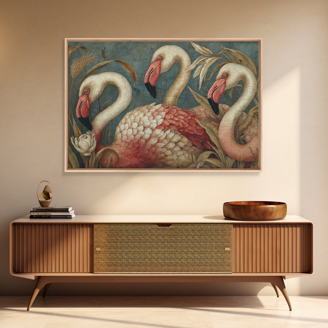 Pink Flamingos Among Tropical Water Plants Framed Canvas Print, Tropical Art, Set of 3 Prints, Living Room Decor, Tropic, TRO-3x2-6