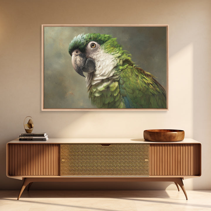 Parrot Portrait with Emerald Feathers Framed Canvas Print, Tropical Art, Textured Painting, Living Room Decor, Fine Art, Tropic, TRO-3x2-60