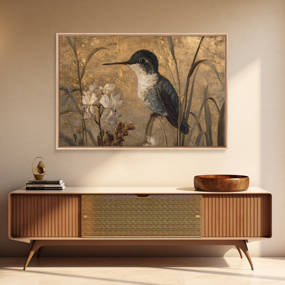 Orchid and Hummingbird Composition Canvas Print, Tropical Art, Abstract Painting, Living Room Decor, Fine Art, Tropic, TRO-3x2-62