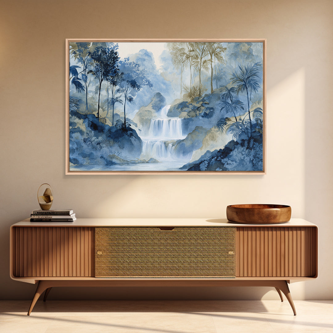 Jungle Waterfall with Misty Light Framed Canvas Print, Tropical Art, Beach Prints, Living Room Decor, Watercolor Art, Tropic, TRO-3x2-65
