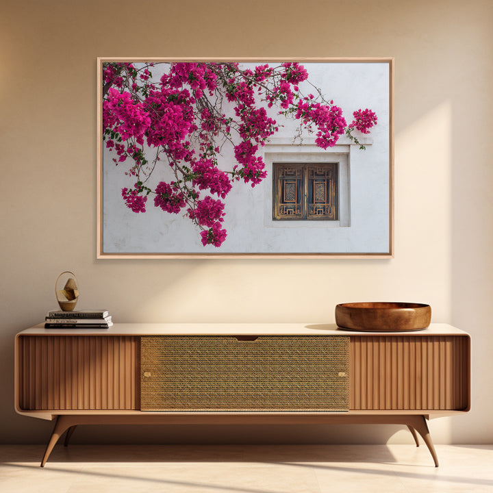 Pink Bougainvillea over White Wall Canvas Print, Tropical Art, Minimalist Decor, Living Room Decor, Fine Art, Tropic, TRO-3x2-68