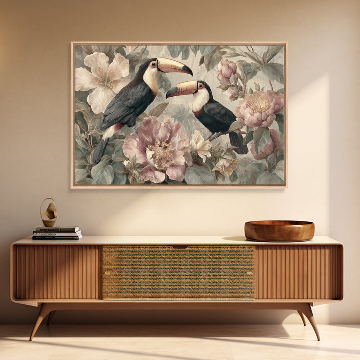 Toucans Surrounded by Bright Jungle Flowers Framed Canvas Print, Tropical Art, Printable Art, Living Room Decor, Tropic, TRO-3x2-7
