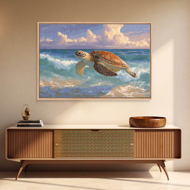 Sea Turtle Near Tropical Reef Framed Canvas Print, Tropical Art, Beach Prints, Living Room Decor, Watercolor Art, Tropic, TRO-3x2-71