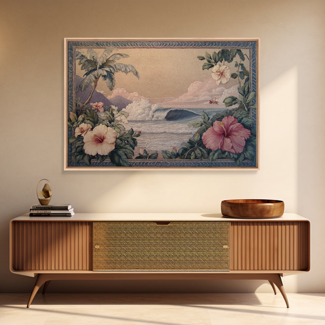 Sunset Surf Scene Framed Canvas Print, Tropical Art, Beach Decor, Living Room Decor, Oil Painting, Tropic, Fine Art Print, TRO-3x2-74