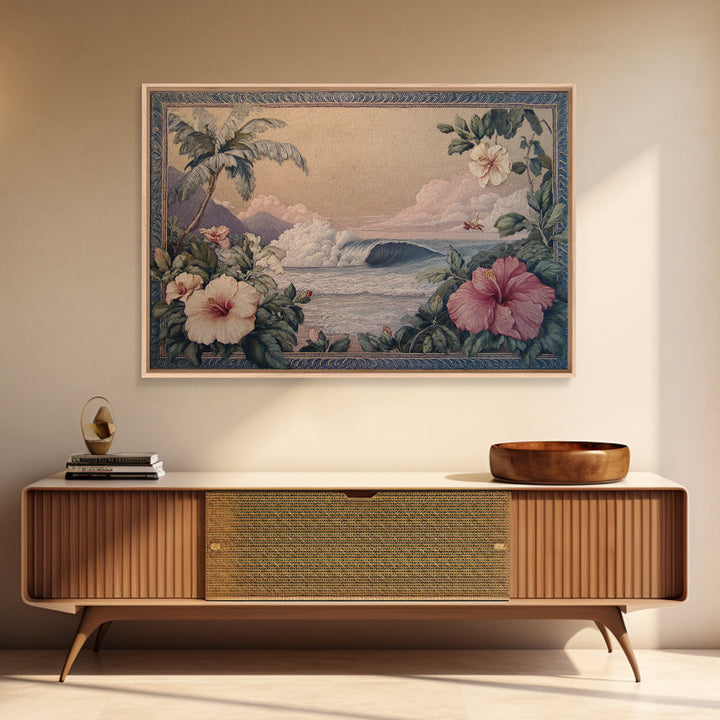 Sunset Surf Scene Framed Canvas Print, Tropical Art, Beach Decor, Living Room Decor, Oil Painting, Tropic, Fine Art Print, TRO-3x2-74