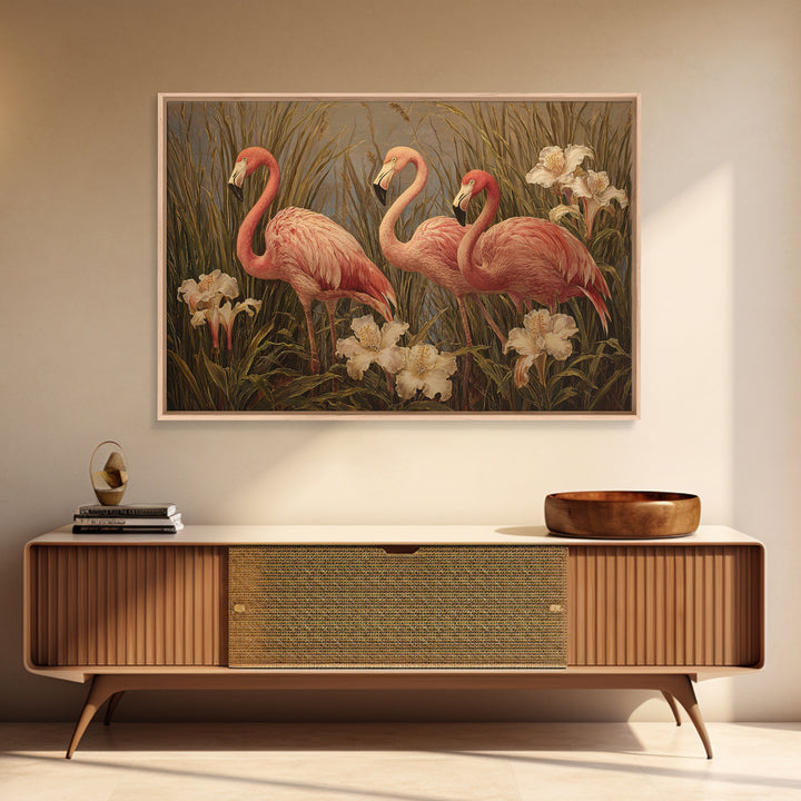 Pink Flamingos Among Tropical Water Plants Framed Canvas Print, Tropical Art, Whimsical Art, Living Room Decor, Tropic, TRO-3x2-78