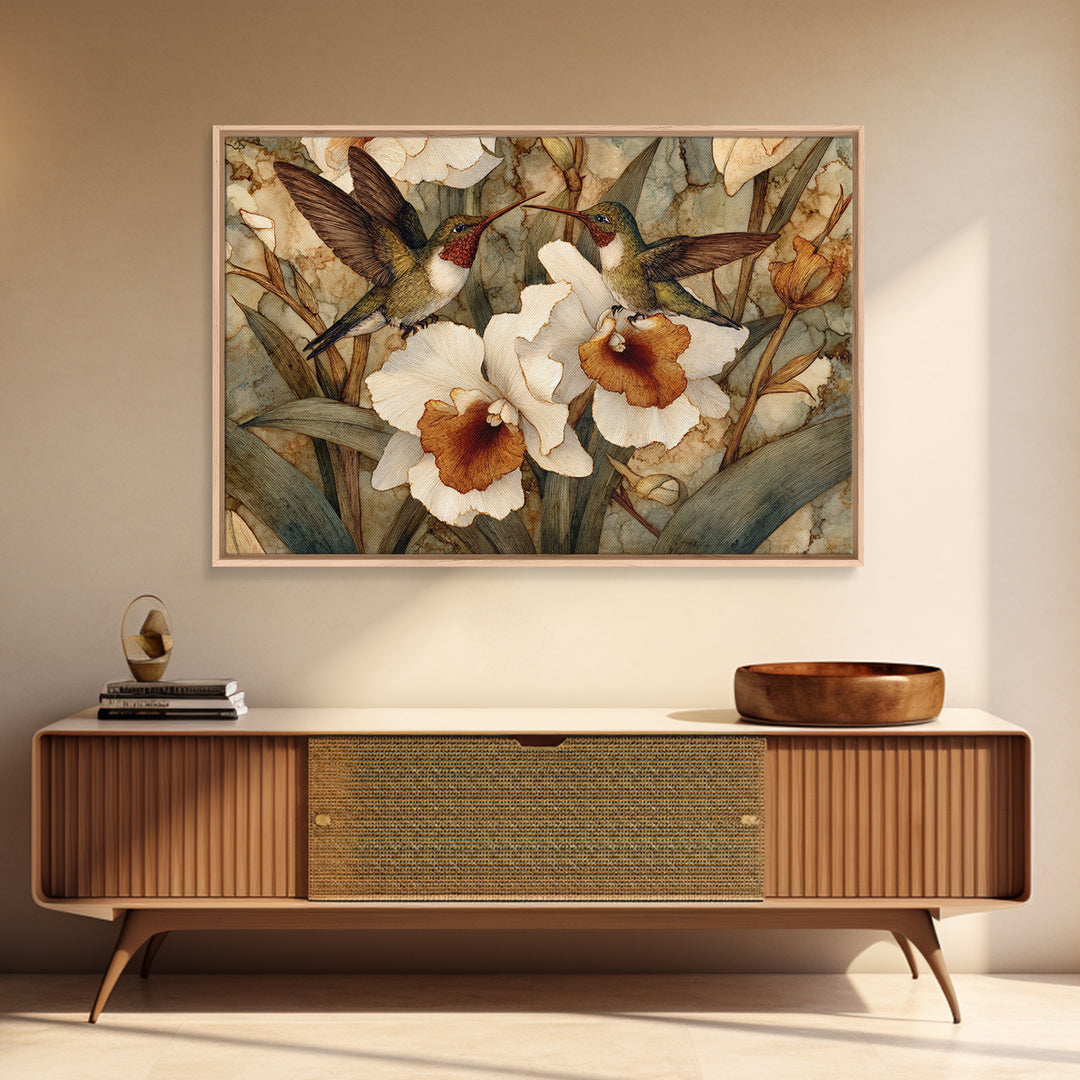 Orchid and Hummingbird Composition Framed Canvas Print, Tropical Art, Trendy Wall Art, Living Room Decor, Fine Art, Tropic, TRO-3x2-86