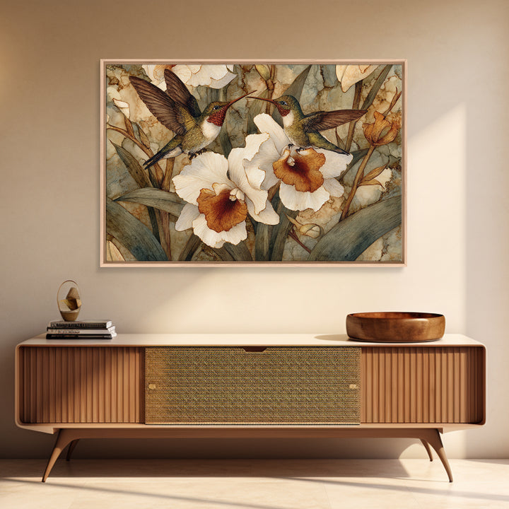 Orchid and Hummingbird Composition Framed Canvas Print, Tropical Art, Trendy Wall Art, Living Room Decor, Fine Art, Tropic, TRO-3x2-86