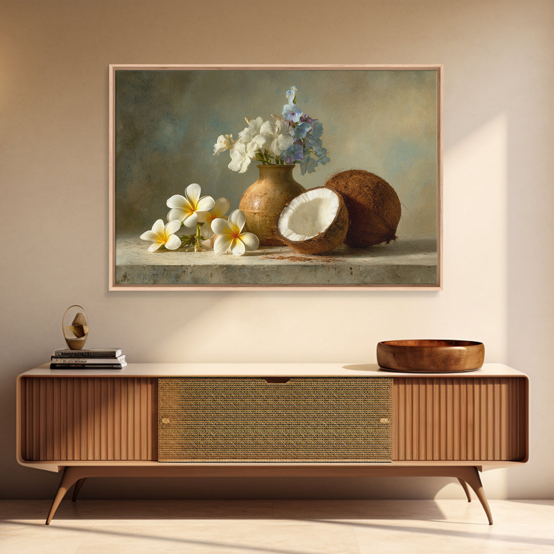 Coconut and Plumeria Still Life Canvas Print, Tropical Art, Decor, Living Room Decor, Tropic 588, Bird Art, Set of Prints, TRO-3x2-88