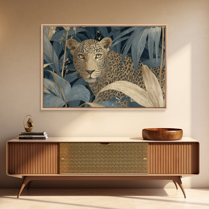 Leopard Hidden Among Palm Leaves Framed Canvas Print, Tropical Art, Coastal Art, Living Room Decor, Fine Art, Tropic, TRO-3x2-90