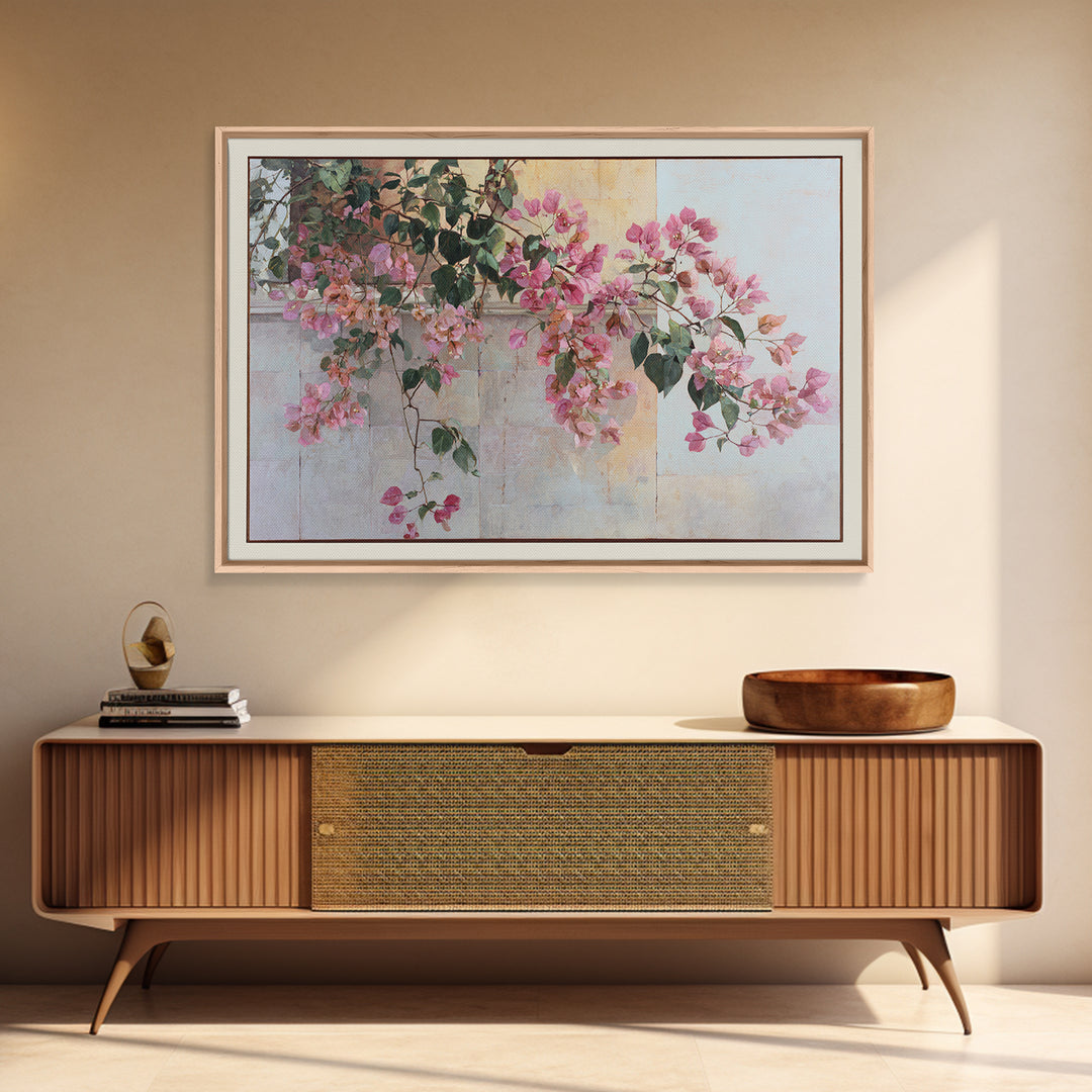 Pink Bougainvillea over White Wall Framed Canvas Print, Tropical Art, Digital Prints, Living Room Decor, Fine Art, Tropic, TRO-3x2-92
