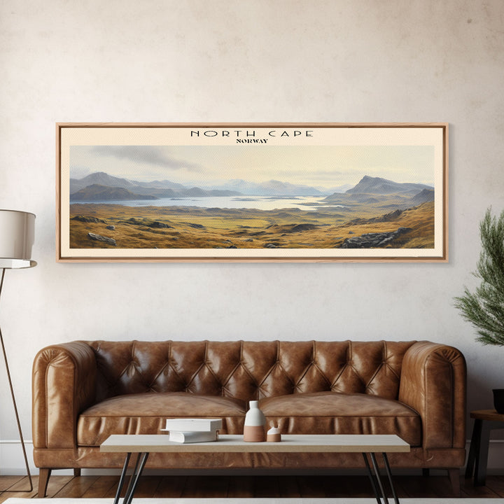 North Cape Travel Art Framed Canvas Print, COUNTRY Wall Decor, Home Decor, Travel Poster, Vintage Wall Art, Watercolor Painting
