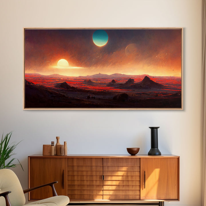 Scifi canvas print, Alien world with 3 moons, spooky print, creepy art, science fiction art