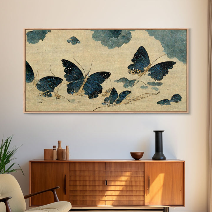 Retro Japanese Style Butterflies Wall Art, Framed Canvas Print, Framed Wall Art, Blue butterfly Art