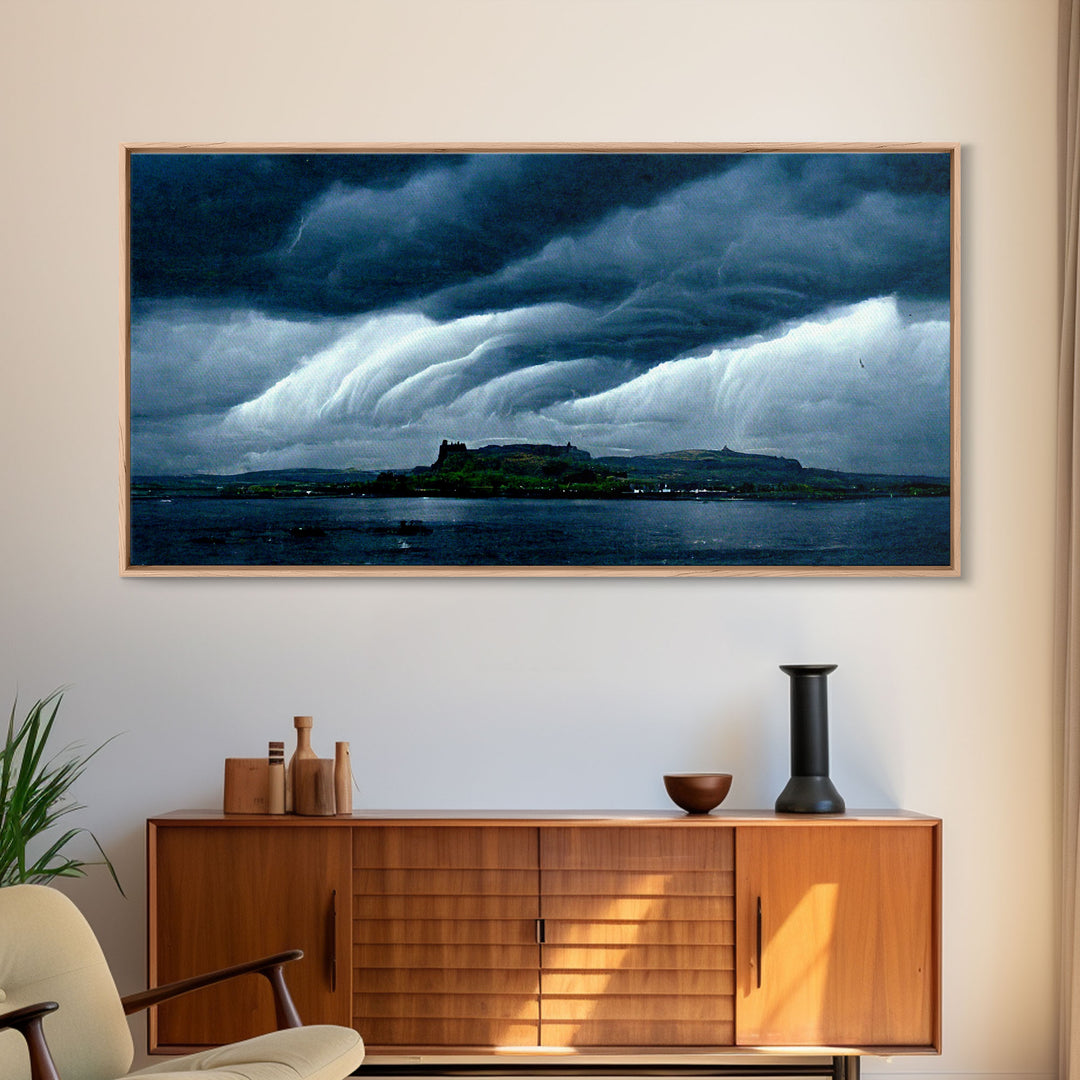 Rainstorm wall art, canvas print, ready to hang, fast moving storm over an island castle, cool wall art