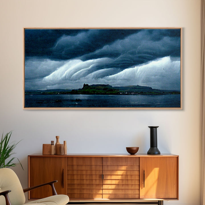 Rainstorm wall art, canvas print, ready to hang, fast moving storm over an island castle, cool wall art