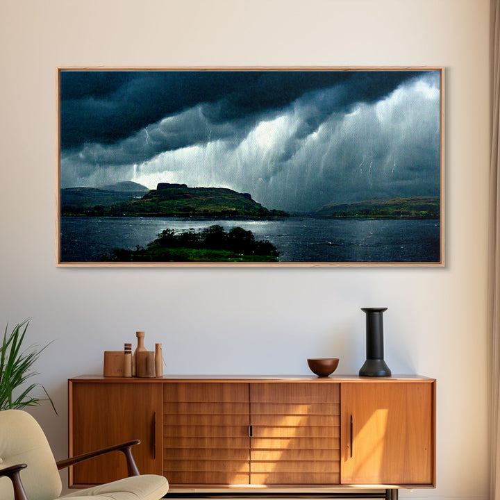 Foggy night rainstorm over the lake canvas print, nature and landscape wall art, ready to hang, cool wall art