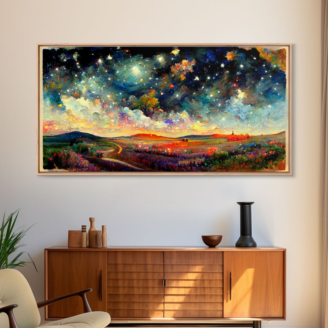 Night Starry Sky Landscape On Canvas Print Colorful Night Sky Painting Nature Painting Living Room Wall Art Spiritual Starry Painting