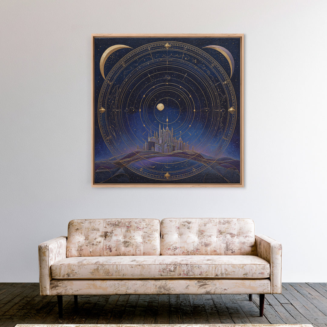 Night Skyline under Crescent Moon Framed Canvas Print, Urban Art, Digital Download Art, Living Room Decor, Abstract Art, Urban, URB-1x1-24