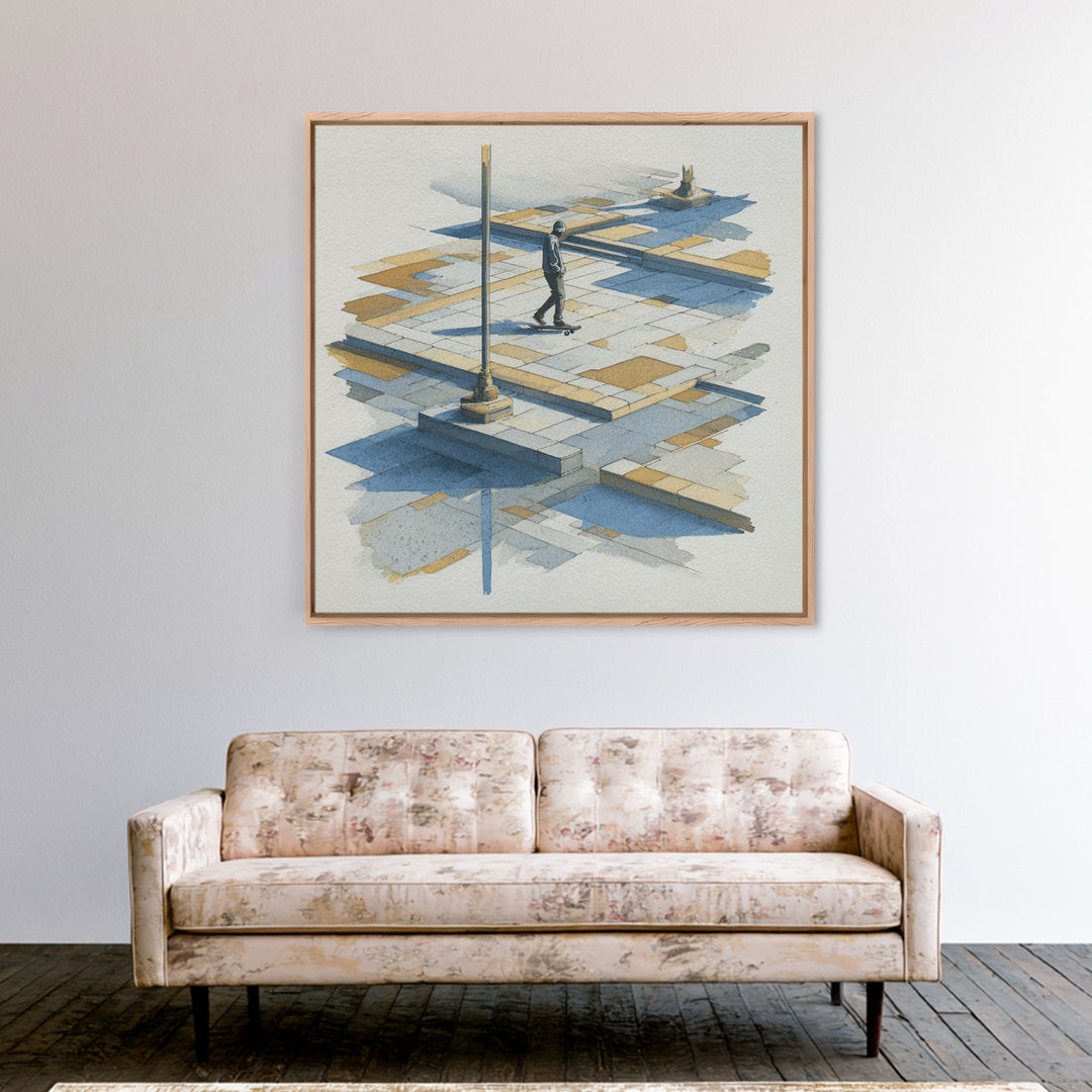 Skateboarder Crossing a Concrete Plaza Canvas Print, Urban Art, Basketball Wall Art, Living Room Decor, Watercolor Art, Urban, URB-1x1-55