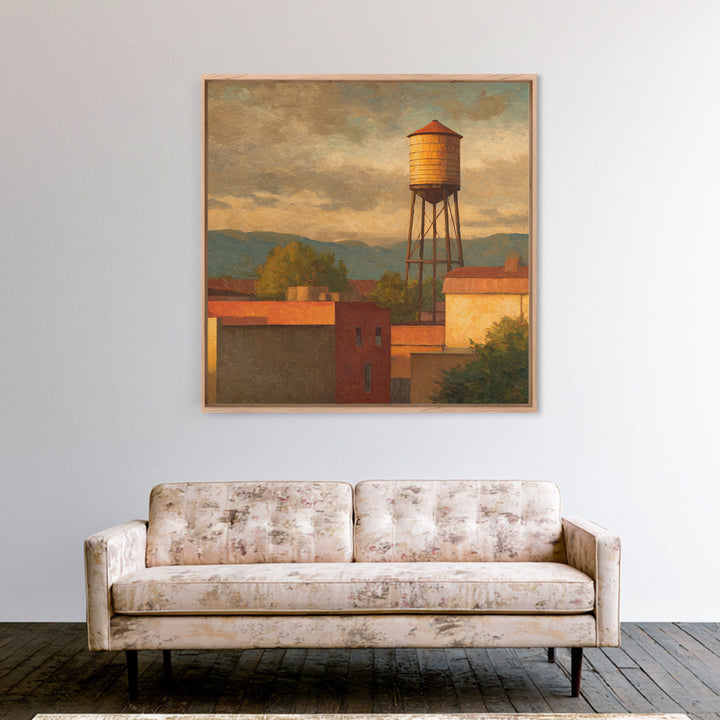 Rooftop Water Tower Framed Canvas Print, Urban Art, Statement Artwork, Living Room Decor, Abstract Art, Urban, Wall Decor, URB-1x1-57