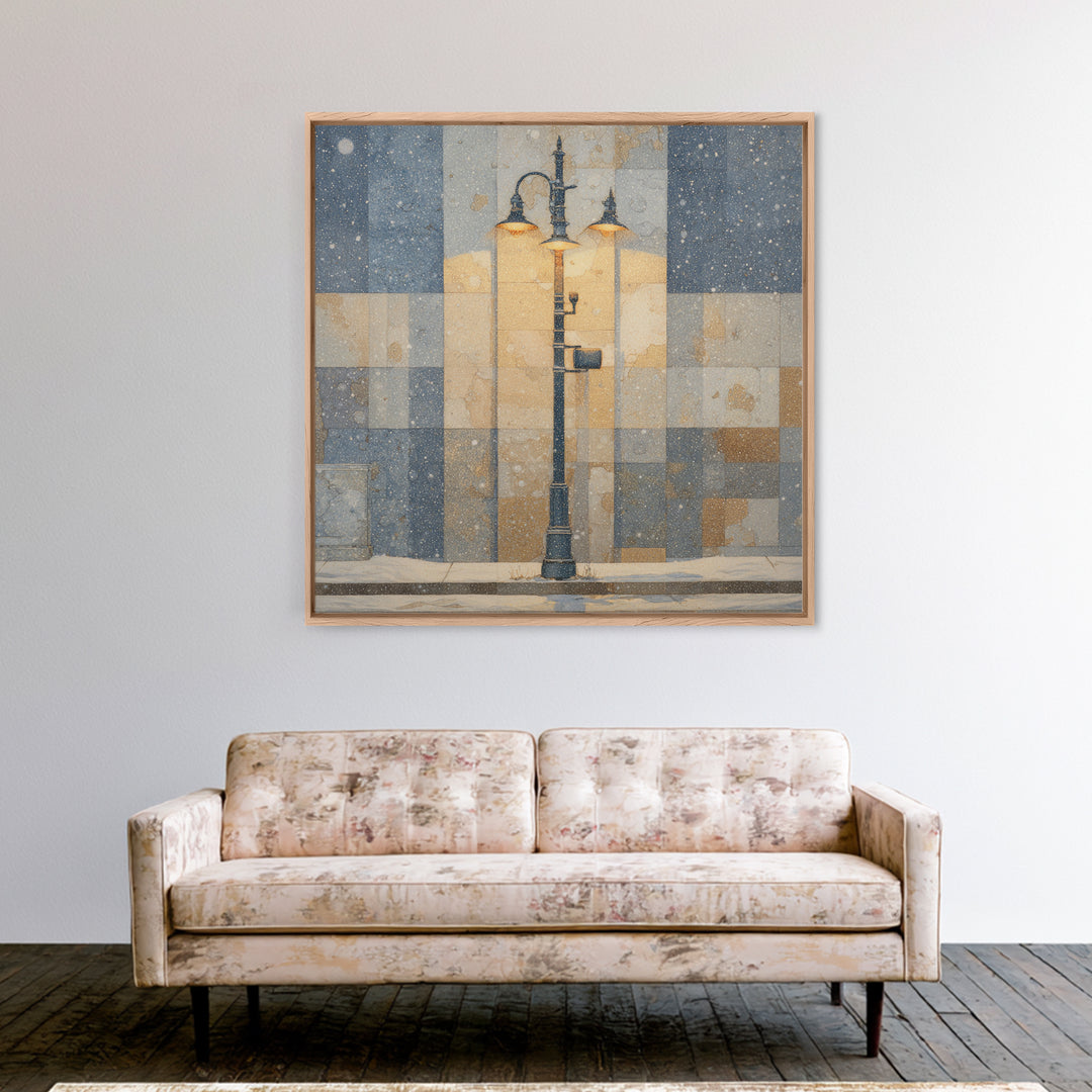 Streetlamp and Falling Snow Framed Canvas Print, Urban Art, Gay Art, Living Room Decor, Oil Painting, Urban, Minimalist Decor, URB-1x1-61