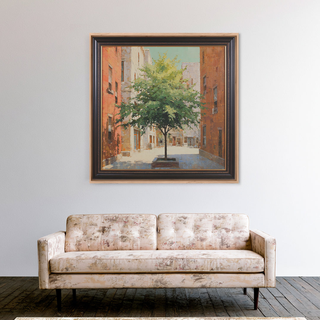 City Park Tree Framed by Buildings Framed Canvas Print, Urban Art, Colorful Wall Art, Living Room Decor, Abstract Art, Urban, URB-1x1-66