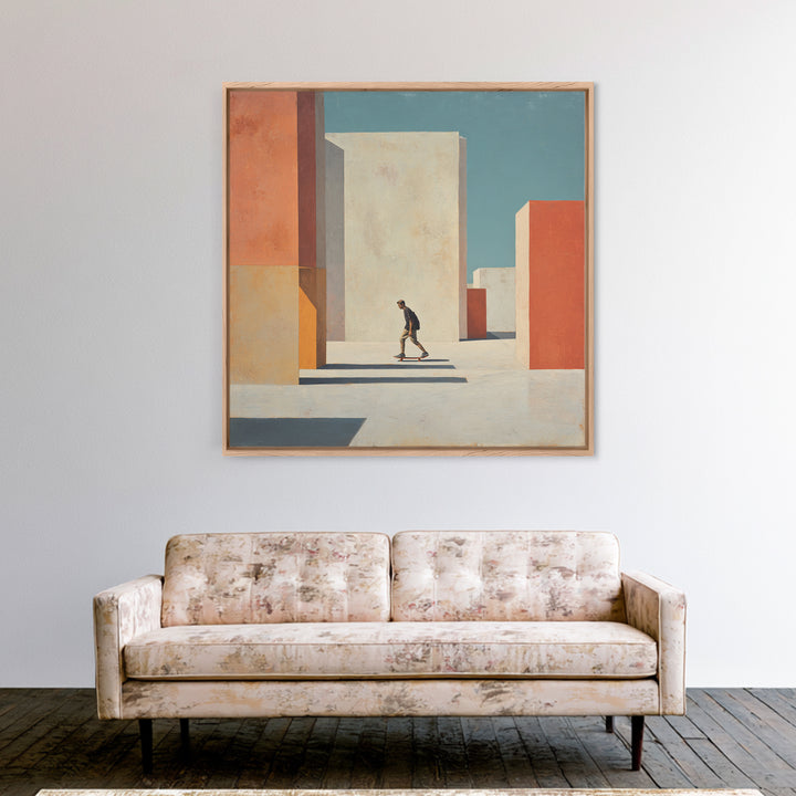 Skateboarder Crossing a Concrete Plaza Framed Canvas Print, Urban Art, Textured Wall Art, Living Room Decor, Fine Art, Urban, URB-1x1-7