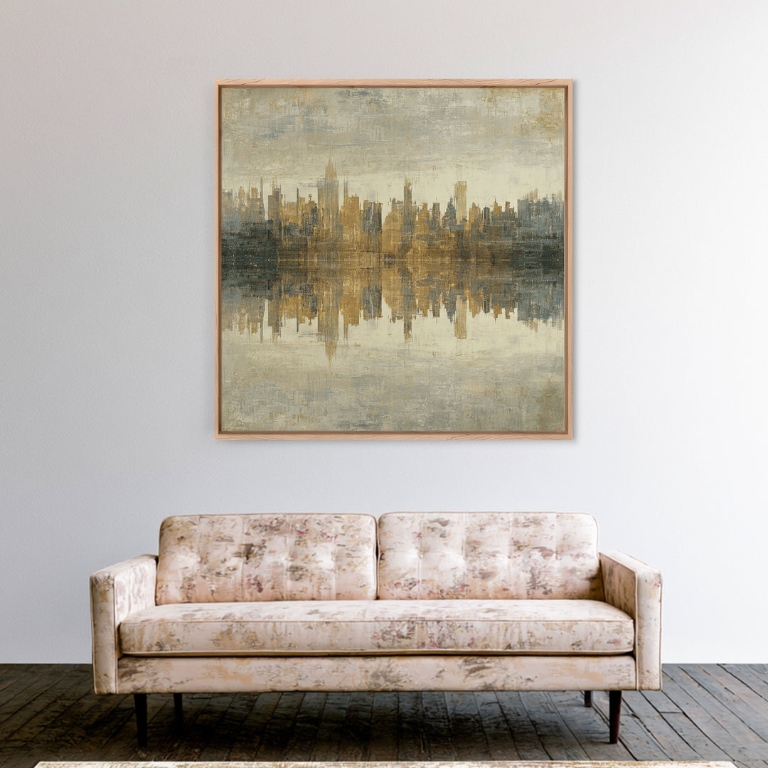 Moody City Skyline Reflected Framed Canvas Print, Urban Art, Art Print, Living Room Decor, Abstract Art, Urban, Oil Painting, URB-1x1-73