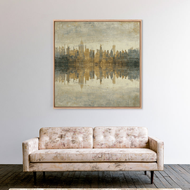 Moody City Skyline Reflected Framed Canvas Print, Urban Art, Art Print, Living Room Decor, Abstract Art, Urban, Oil Painting, URB-1x1-73