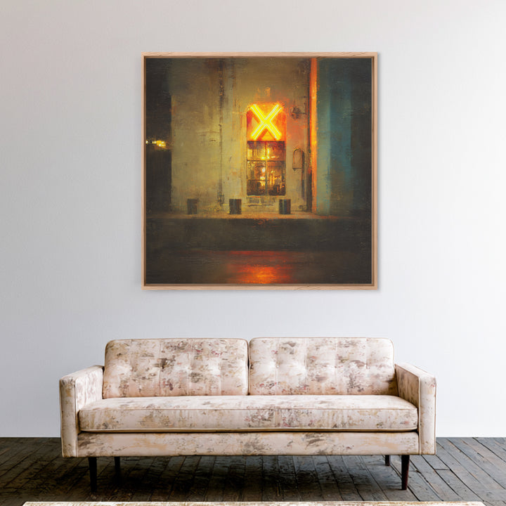 Neon Sign Glow Reflected on Black Street Framed Canvas Print, Urban Art, Gallery Decor, Living Room Decor, Fine Art, Urban, URB-1x1-78