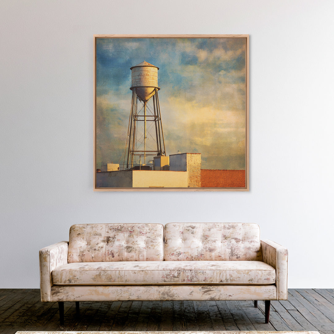 Rooftop Water Tower Canvas Print, Urban Art, Textured Painting, Living Room Decor, Urban, Original Art, Canvas Wall Art, URB-1x1-81