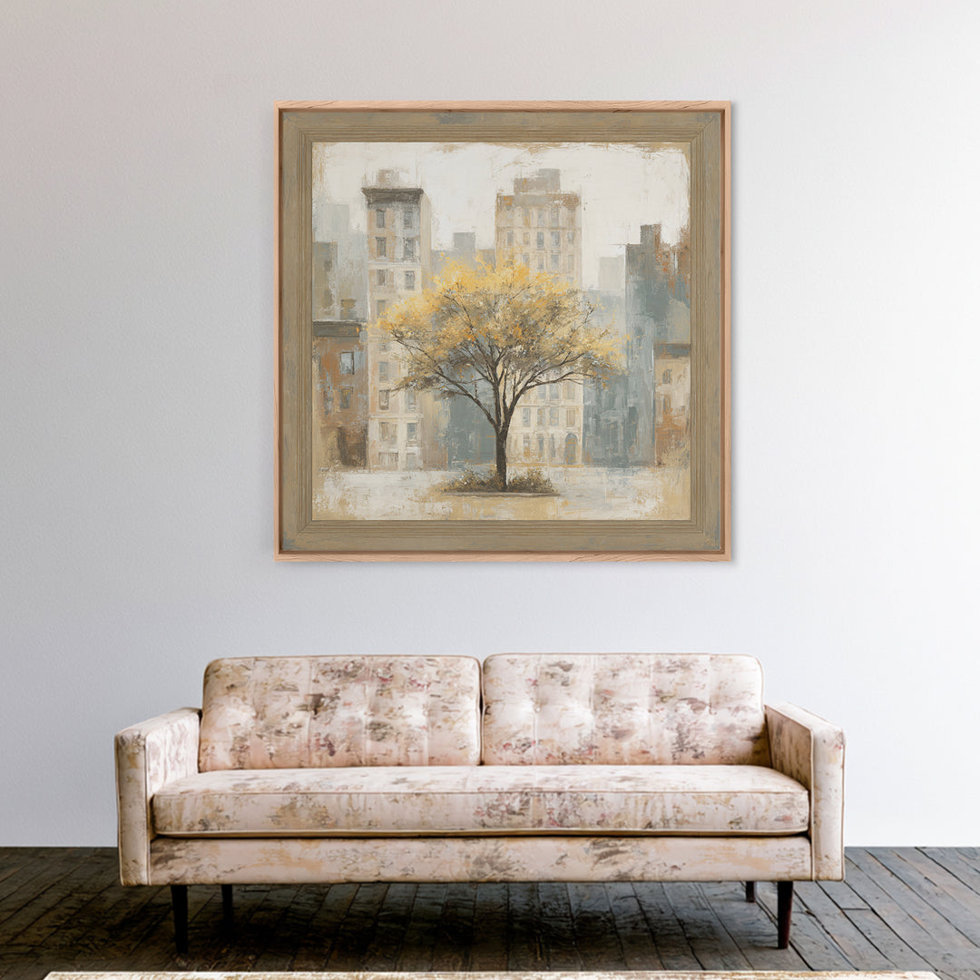 City Park Tree Framed by Buildings Canvas Print, Urban Art, Basketball Wall Art, Living Room Decor, Fine Art, Urban, URB-1x1-90