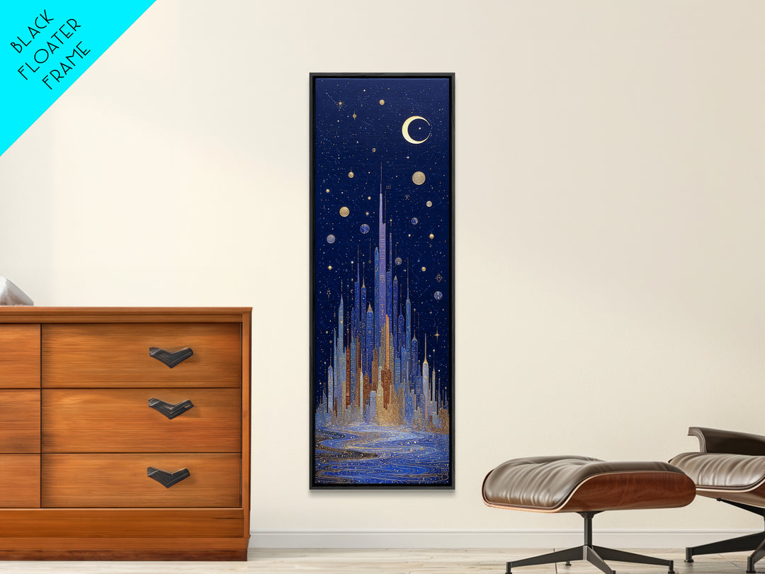 Night Skyline under Crescent Moon Canvas Print, Urban Art, Boho Decor, Living Room Decor, Abstract Art, Urban, Digital Prints, URB-1x3-12