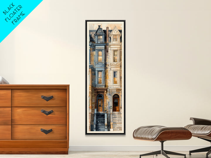 Brownstone Row in Soft Morning Light Framed Canvas Print, Urban Art, Art Print, Living Room Decor, Urban, Oil Painting, URB-1x3-24