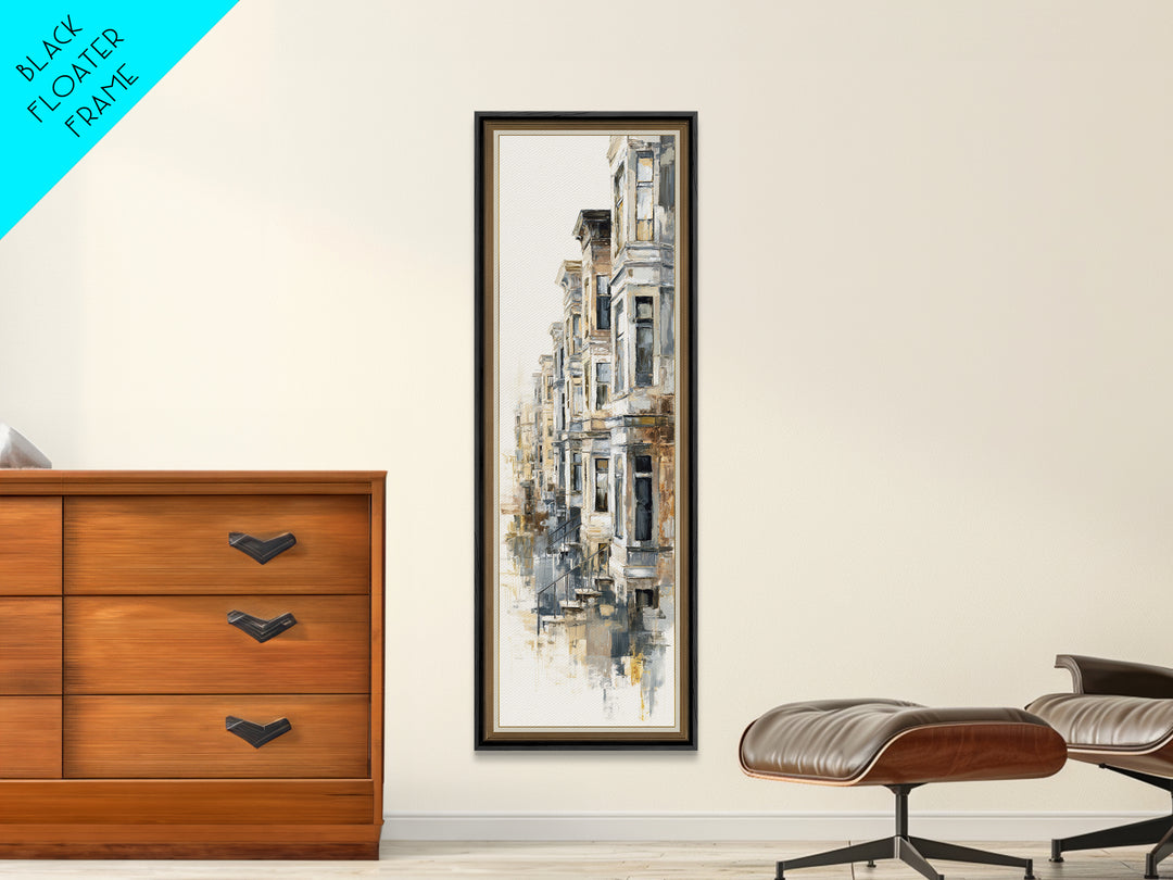 Brownstone Row in Soft Morning Light Canvas Print, Urban Art, Black Art, Living Room Decor, Fine Art, Urban, Canvas Painting, URB-1x3-72