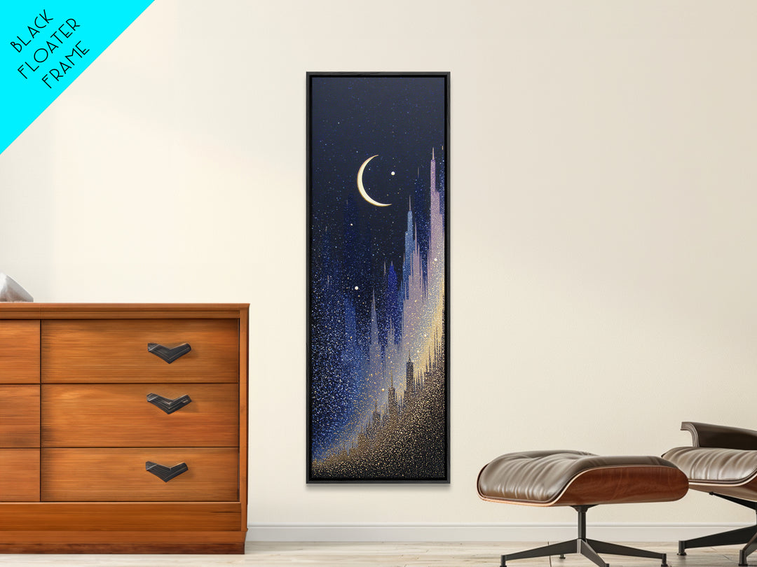 Night Skyline under Crescent Moon Framed Canvas Print, Urban Art, Original Art, Living Room Decor, Urban, Black Woman Art, URB-1x3-84