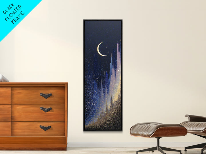 Night Skyline under Crescent Moon Framed Canvas Print, Urban Art, Original Art, Living Room Decor, Urban, Black Woman Art, URB-1x3-84