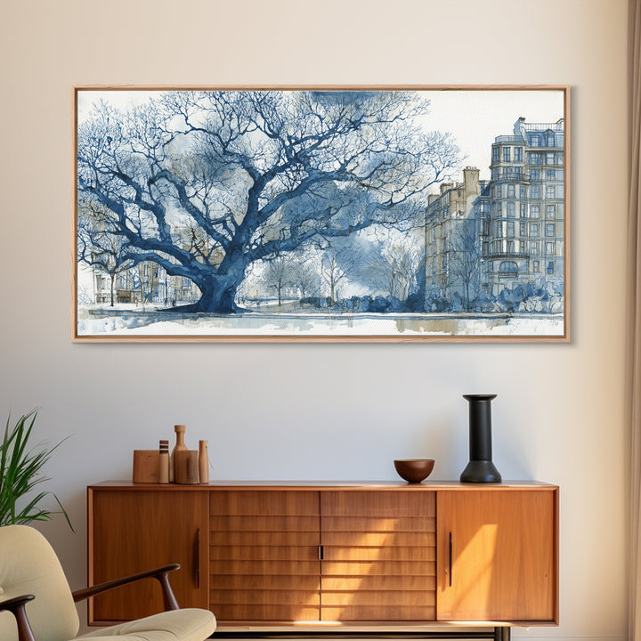 City Park Tree Framed by Buildings Framed Canvas Print, Urban Art, Fine Art Print, Living Room Decor, Watercolor Art, Urban, URB-2x1-14