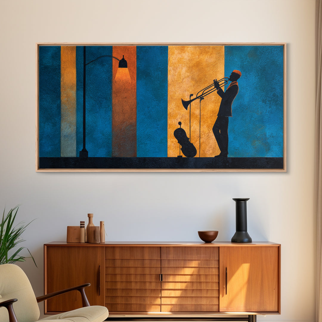Urban Jazz Musician Silhouette Canvas Print, Urban Art, Wall Art, Living Room Decor, Watercolor Art, Urban, Digital Print, URB-2x1-36