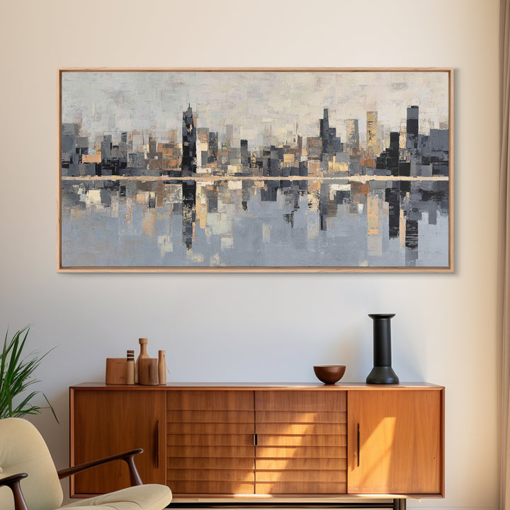 Moody City Skyline Reflected Framed Canvas Print, Urban Art, Original Painting, Living Room Decor, Urban, African American Art, URB-2x1-45