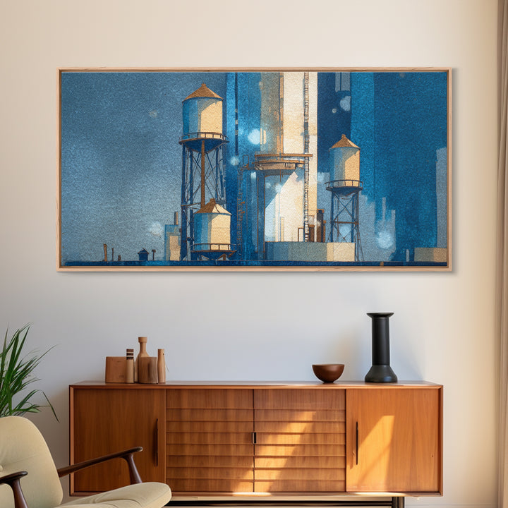 Rooftop Water Tower Framed Canvas Print, Urban Art, Poster, Living Room Decor, Watercolor Art, Urban, Modern Wall Art, URB-2x1-5
