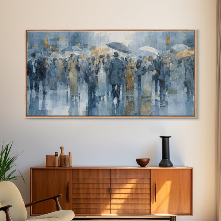 Rain Umbrella Figures Canvas Print, Urban Art, Oil Painting, Living Room Decor, Urban, Black Art Prints, Book Shelf Decor, URB-2x1-64