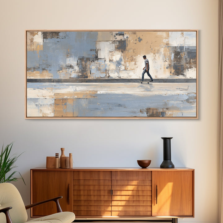 Skateboarder Crossing a Concrete Plaza Framed Canvas Print, Urban Art, Boho Decor, Living Room Decor, Fine Art, Urban, URB-2x1-75