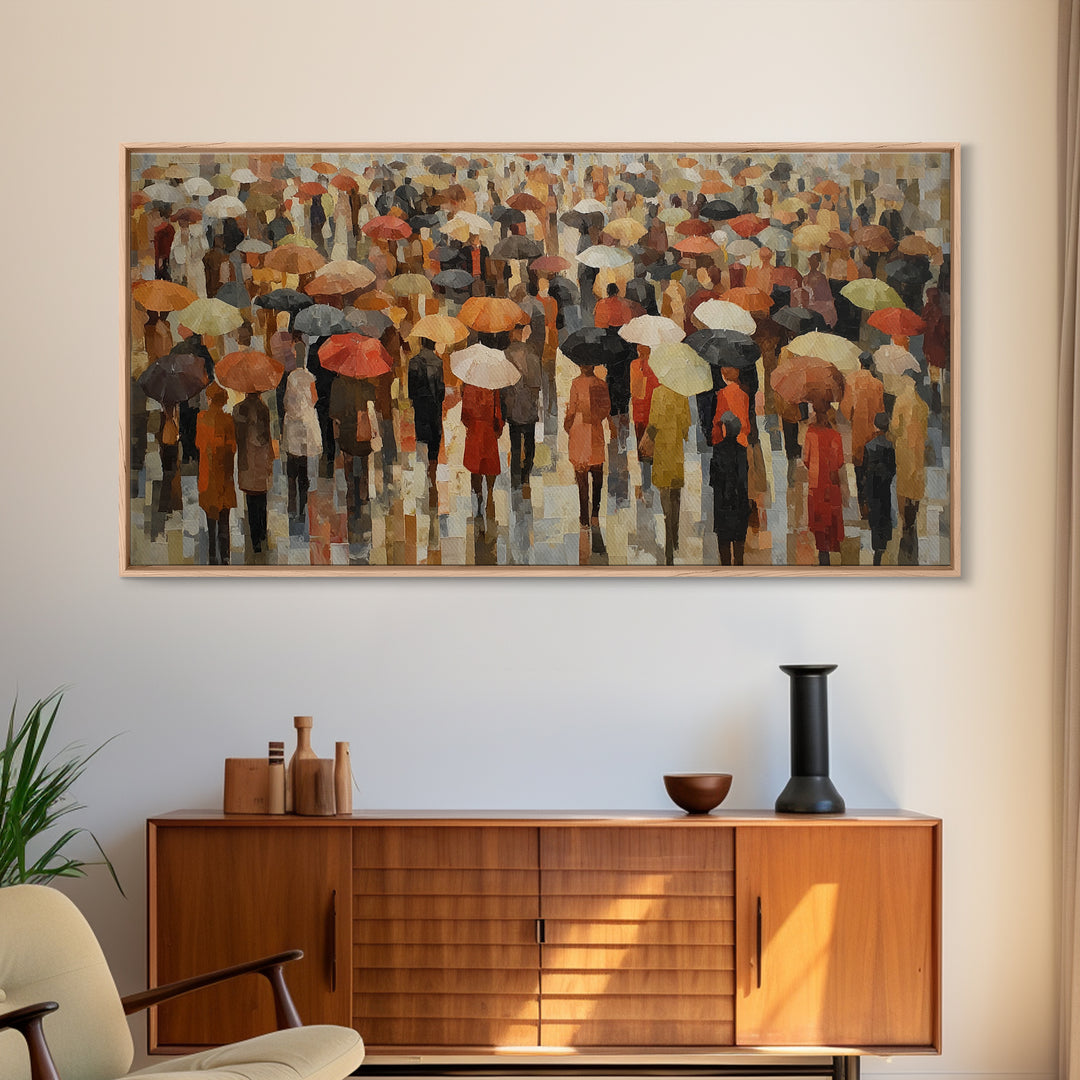 Rain Umbrella Figures Framed Canvas Print, Urban Art, Digital Print, Living Room Decor, Fine Art, Urban, Afrocentric Wall Art, URB-2x1-88