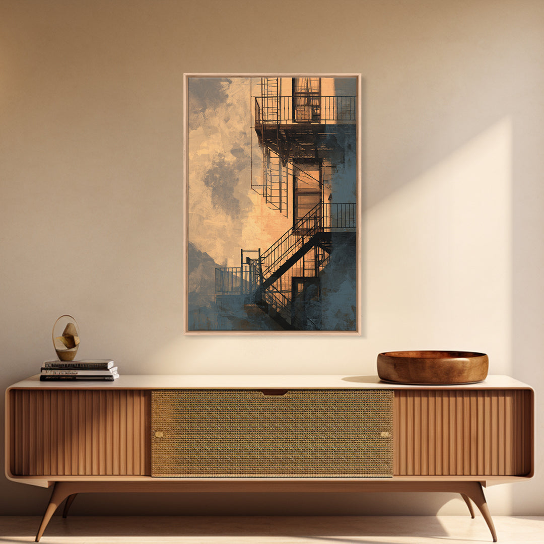 Fire Escape Silhouette Canvas Print, Urban Art, Luxury Decor, Living Room Decor, Fine Art, Urban, Oil Painting, URB-2x3-10