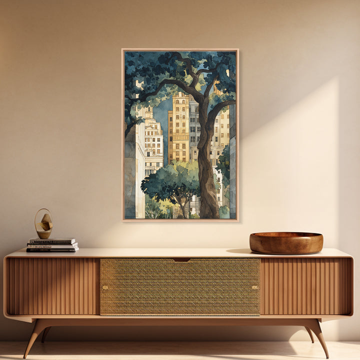 City Park Tree Framed by Buildings Framed Canvas Print, Urban Art, Boho Decor, Living Room Decor, Abstract Art, Urban, URB-2x3-2
