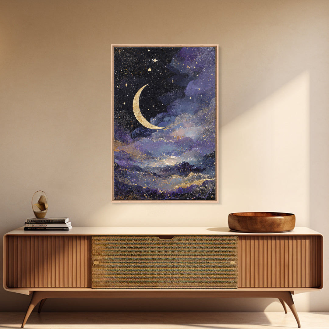 Night Skyline under Crescent Moon Canvas Print, Urban Art, Black Girl Wall Art, Living Room Decor, Abstract Art, Urban, URB-2x3-32