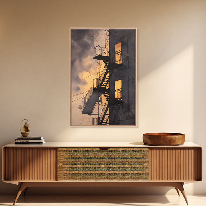 Fire Escape Silhouette Framed Canvas Print, Urban Art, Contemporary Art, Living Room Decor, Fine Art, Urban, Black Art, URB-2x3-34